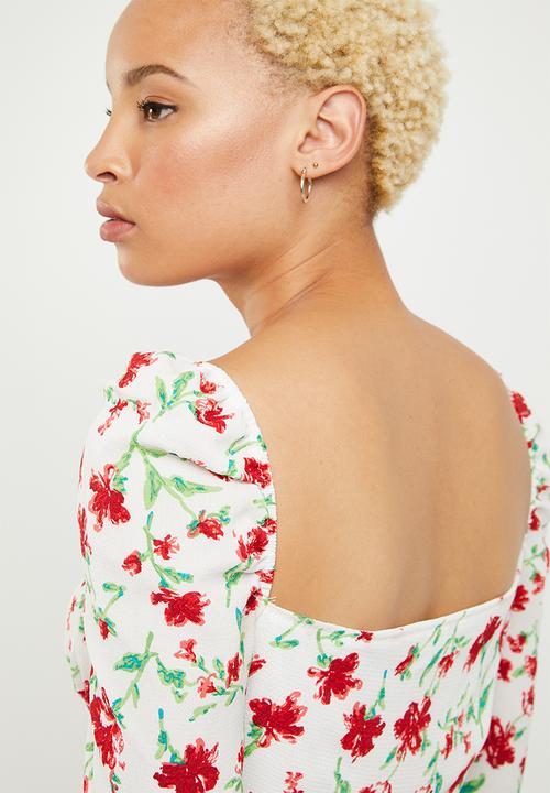 Missguided - Floral lace up front square neck peplum top - white & red