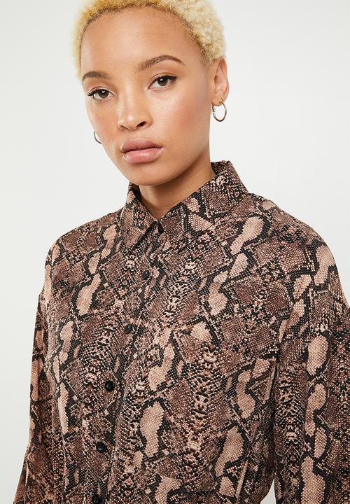 Missguided - Tie waist long sleeve shirt dress snake - brown