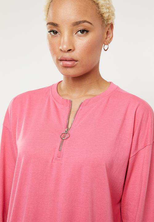 Missguided - Oversized long sleeve zip T-shirt dress - pink