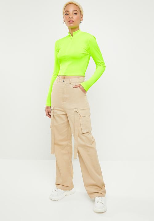 Missguided - Zip front ls ribbed crop top - green