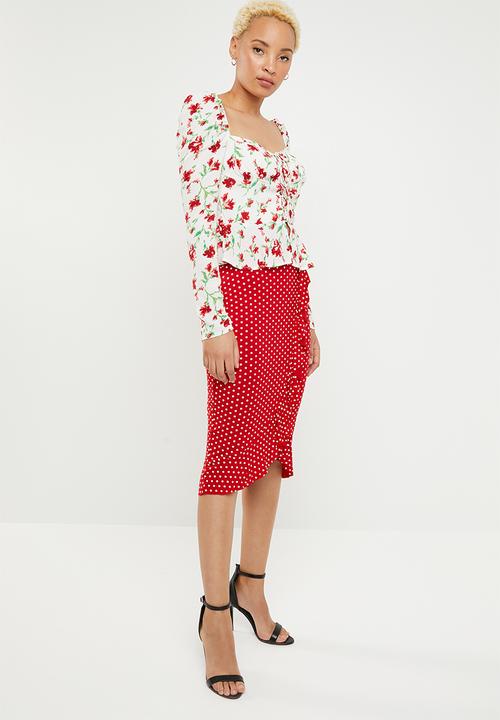 Missguided - Polka dot frill midi skirt - red