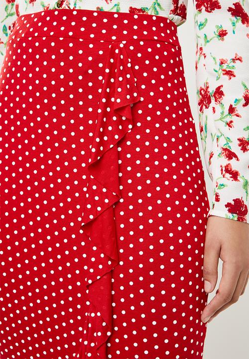 Missguided - Polka dot frill midi skirt - red