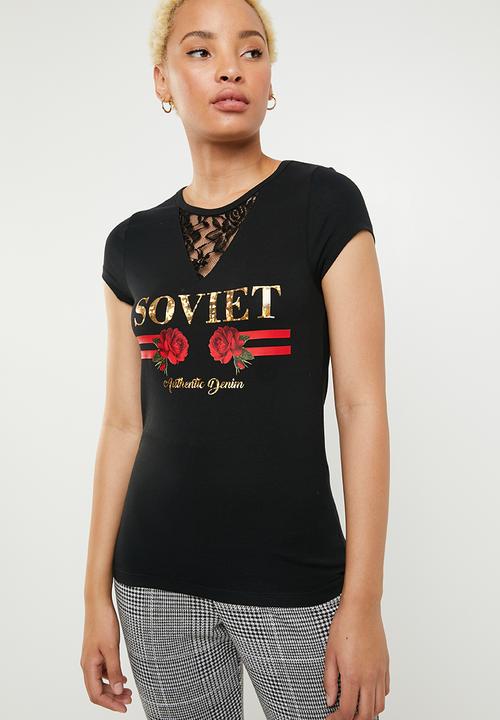 SOVIET - Ladies crew neck tee with mesh inset - black