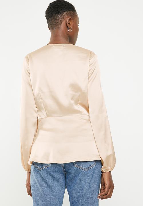 Missguided - Long sleeve wrap side satin blouse - neutral