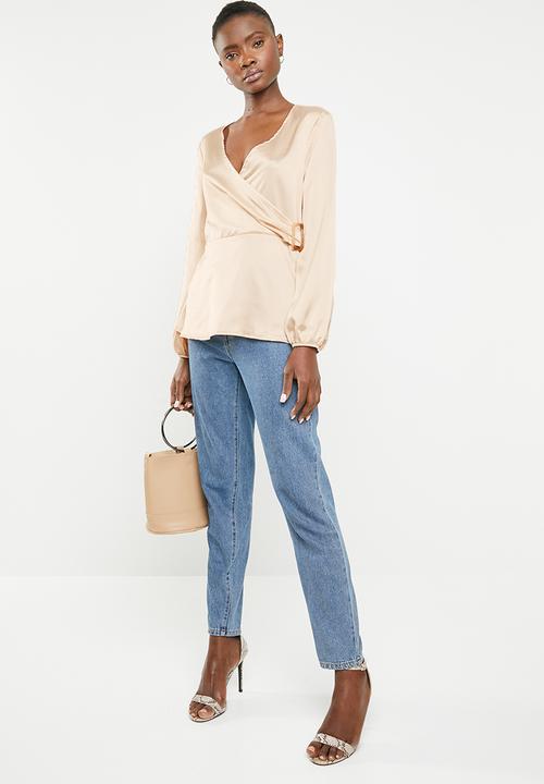 Missguided - Long sleeve wrap side satin blouse - neutral