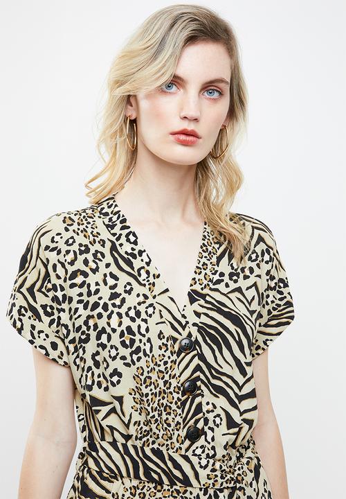 New Look - Animal short sleeve jumpsuit - beige & black 