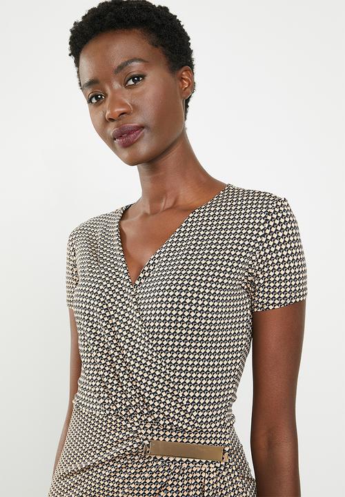 edit - Wrap front drape dress - tan & black 