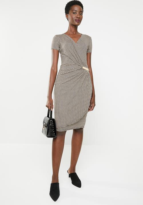 edit - Wrap front drape dress - tan & black 
