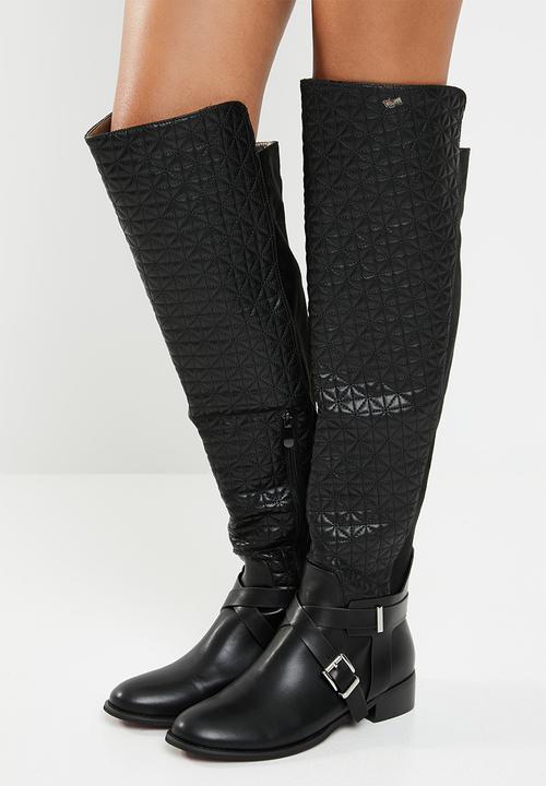 Plum - Quilted over the knee boot - black