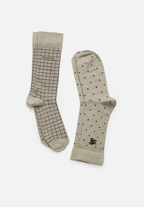 Pringle of Scotland - Logan dot & check 2 pack socks - beige