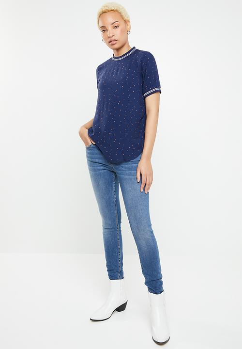 ONLY - Tina short sleeve printed lurex top - blue