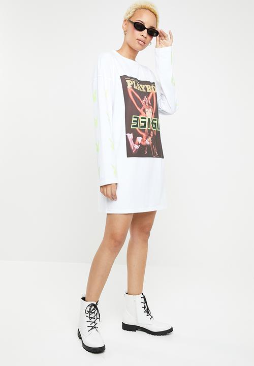 Missguided - Playboy magazine print long sleeve shirt dress - white