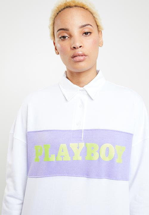 Missguided - Playboy neon slogan rugby dress - white