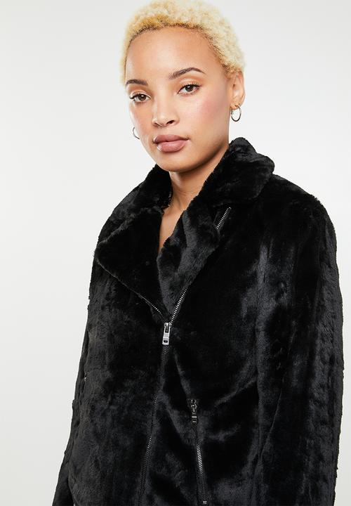 ONLY - Britt faux fur biker jacket - black