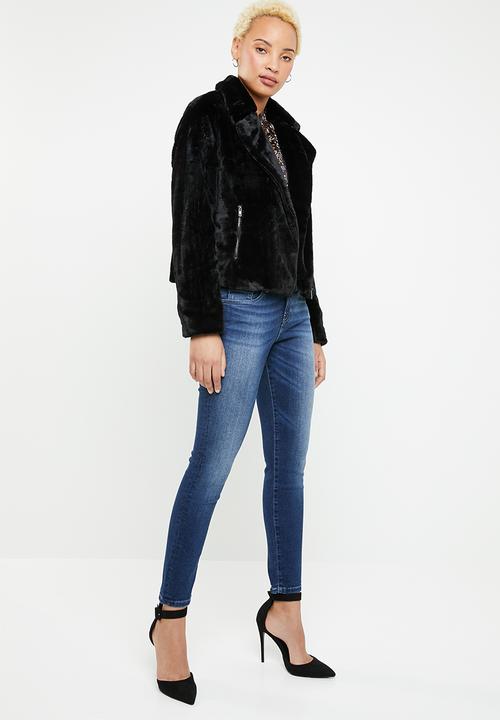 ONLY - Britt faux fur biker jacket - black