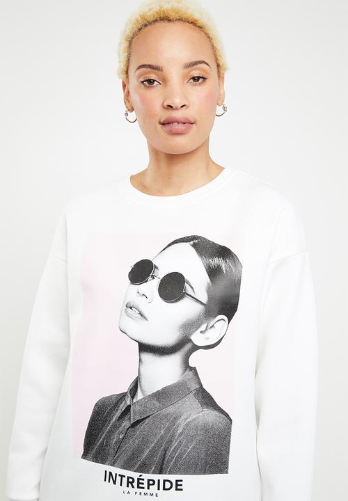 ONLY - Star long round neck sweat top - white
