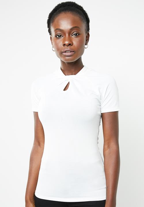edit - High neckline short sleeve top - white