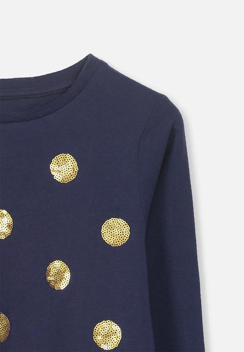Cotton On - Stevie long sleeve embellished spots tee - navy & gold