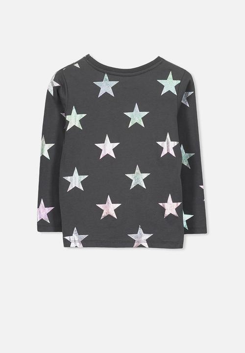 Cotton On - Stevie long sleeve embellished stars tee - charcoal & silver