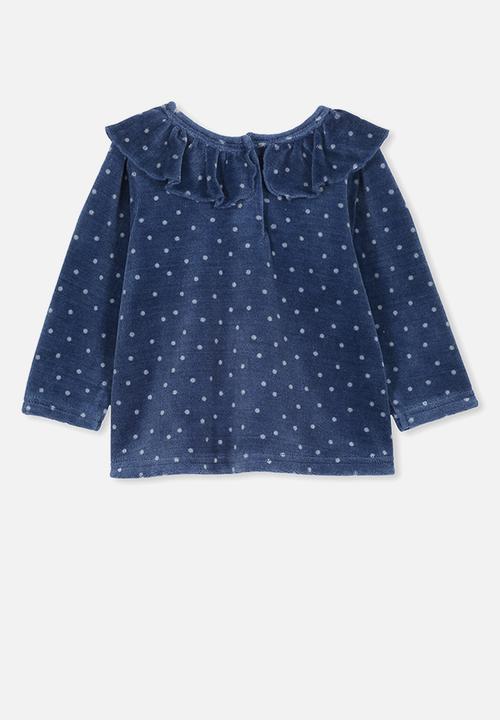 Cotton On - Alice velour ruffle neck top - blue
