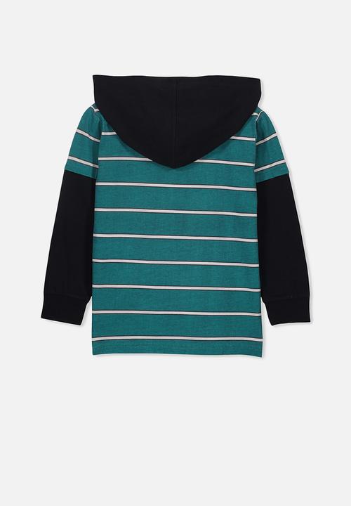 Cotton On - Nate hooded long sleeve top - turquoise & black