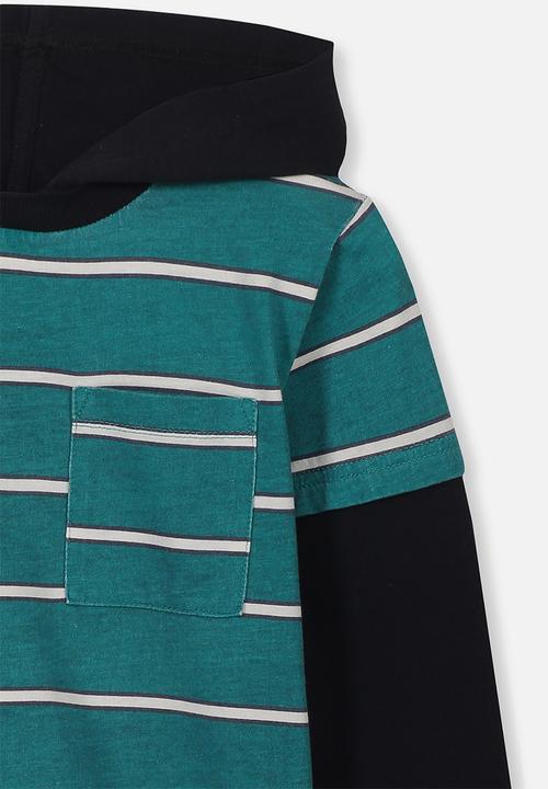 Cotton On - Nate hooded long sleeve top - turquoise & black