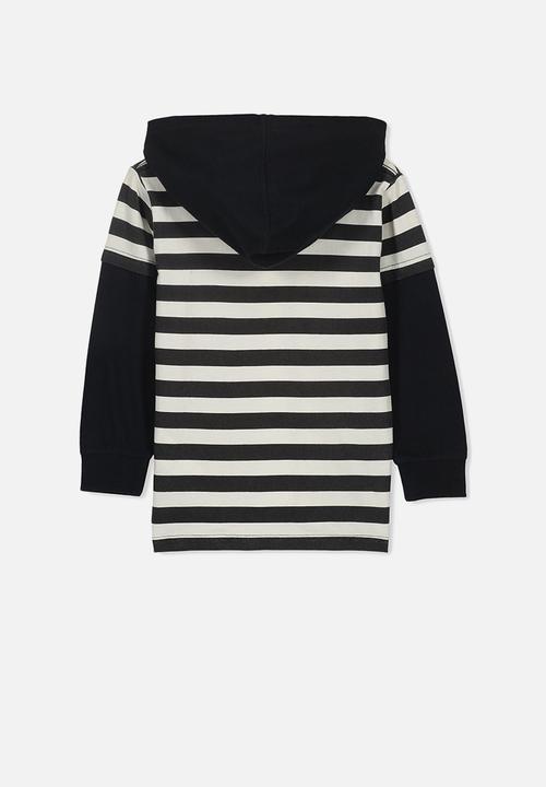 Cotton On - Nate hooded long sleeve top - black & white