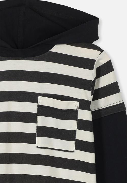 Cotton On - Nate hooded long sleeve top - black & white