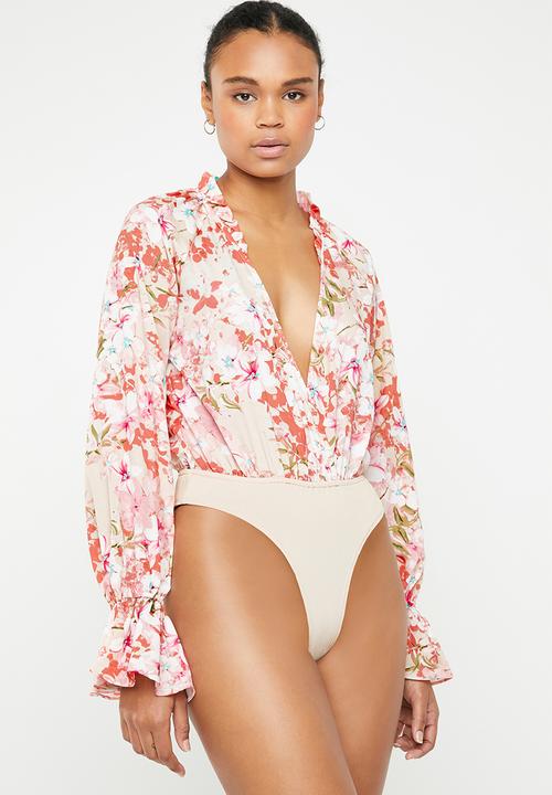 Missguided - Chiffon floral frill bodysuit - pink