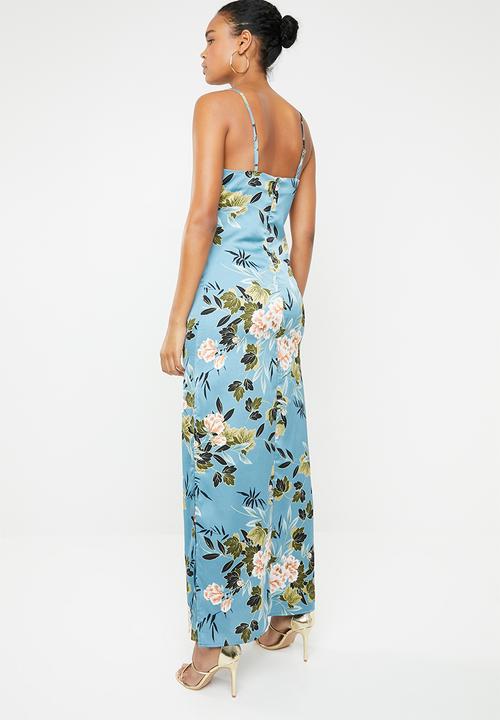 Missguided - Floral satin cowl neck side split maxi dress - blue