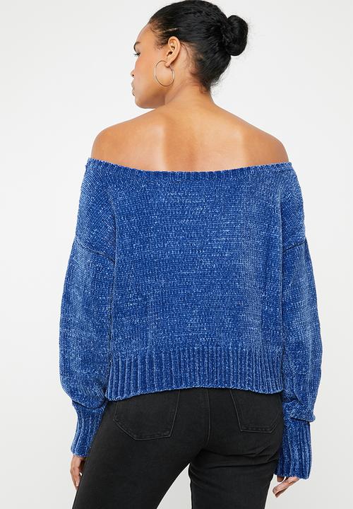Missguided - Chenille off shoulder knitted jumper - blue