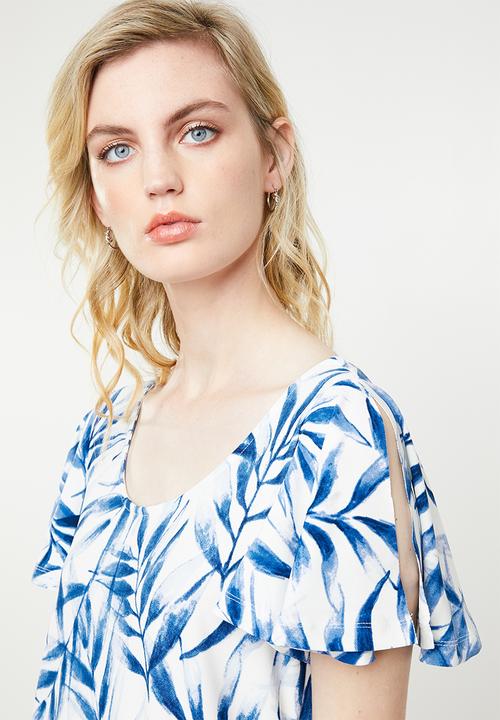 MANGO - Ruffled sleeve dress - blue & white