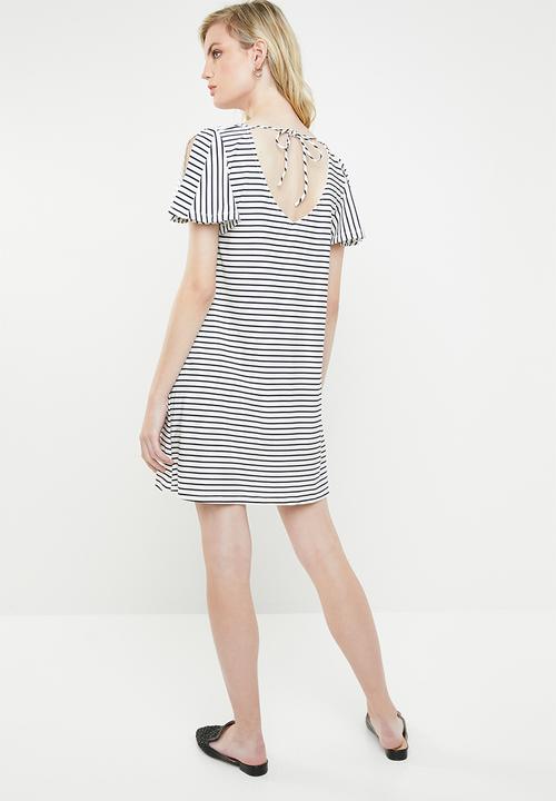 MANGO - Ruffled sleeve dress - blue & white