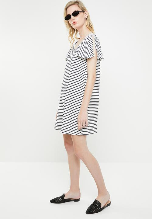 MANGO - Ruffled sleeve dress - blue & white
