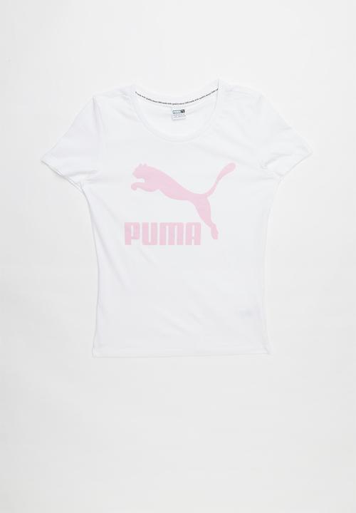 white and pink puma shirt