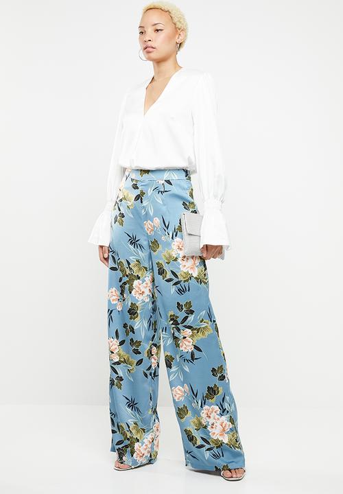 Missguided - Floral satin wide leg trouser - blue