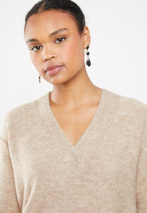 MANGO - Wool blend v-neck knit - beige