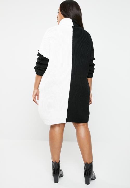 Missguided - Curve roll neck spliced jumper dress - black & white