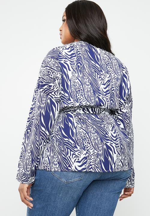 Missguided - Curve belted longline top - blue & white