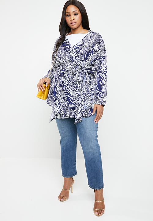 Missguided - Curve belted longline top - blue & white