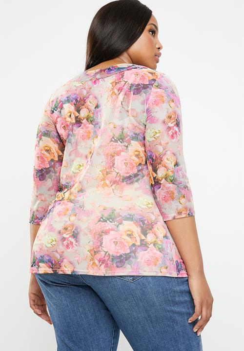 Plus-Fab - Floral mesh top - pink
