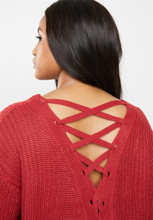 Brave Soul - V neck knit with back crossover detail - red