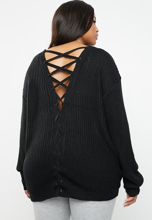Brave Soul - V neck knit with back crossover detail - black