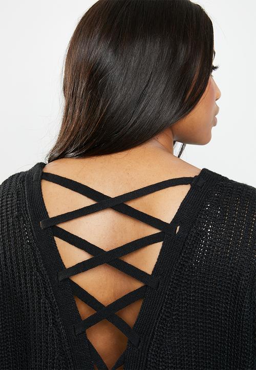 Brave Soul - V neck knit with back crossover detail - black