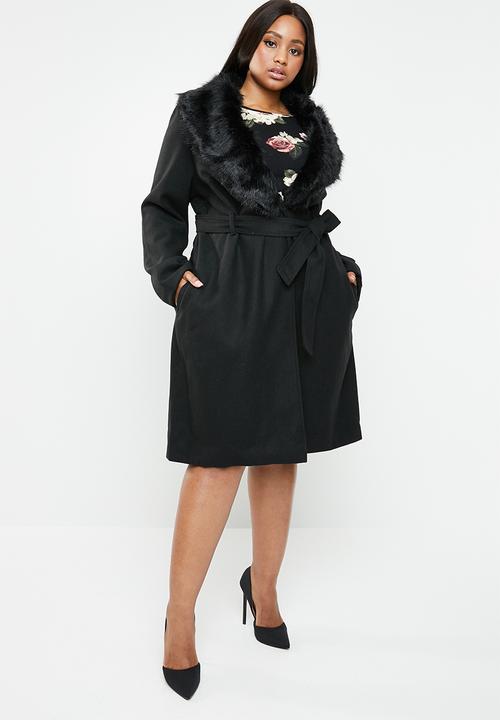 Brave Soul - Longer length wool-like coat with faux fur collar - black