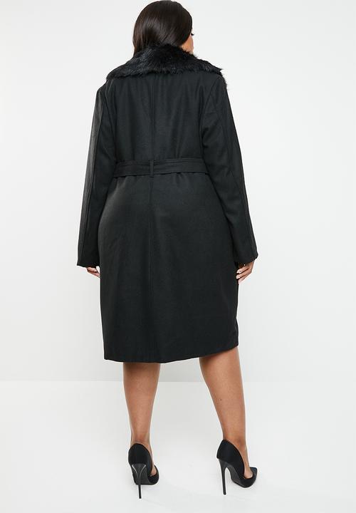 Brave Soul - Longer length wool-like coat with faux fur collar - black
