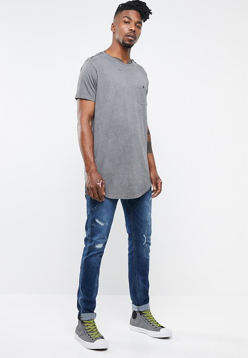 Brave Soul - Busted crew neck longline curved hem tee - grey