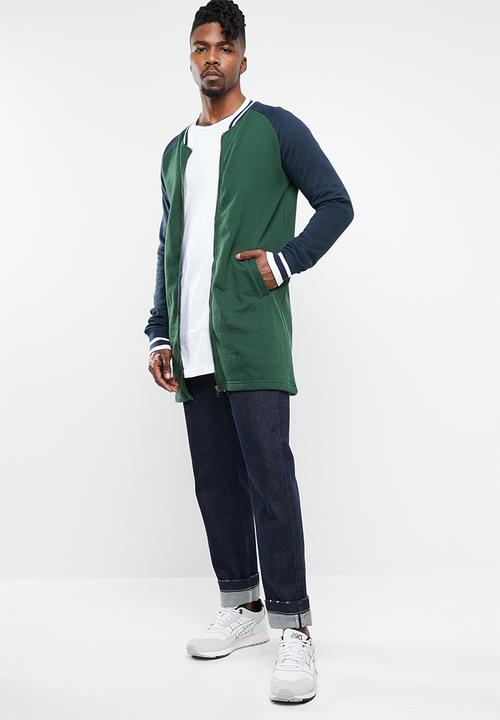 Brave Soul - Freedom longer length baseball raglan jacket - green & navy
