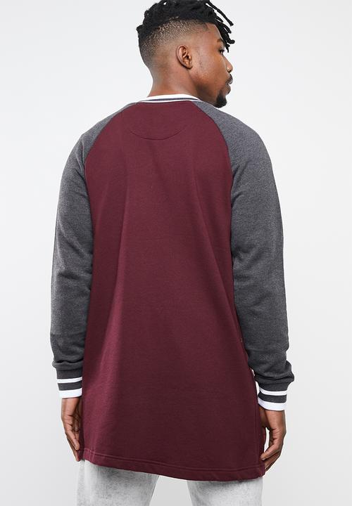 Brave Soul - Freedom longer length baseball raglan jacket - burgundy & grey 