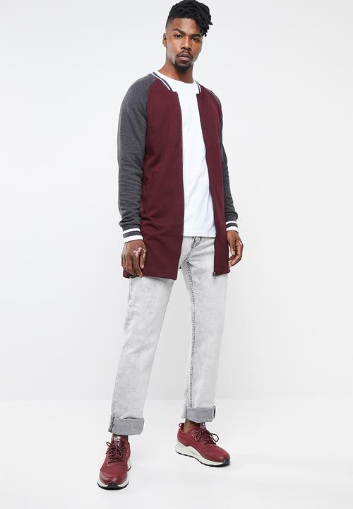 Brave Soul - Freedom longer length baseball raglan jacket - burgundy & grey 